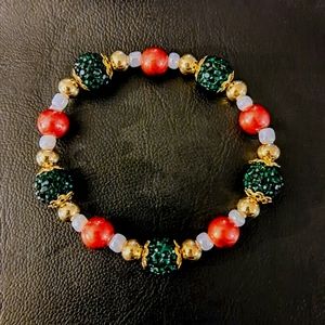 Hand Crafted Goldtone Red & Green Christmas Bracelet